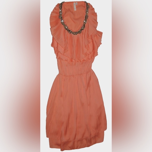 ROBBI & NIKKI SZ S SMALL ORANGE CORAL PLEATED RUFFLES BEADS DRESS KNEE LENGTH - Picture 3 of 7